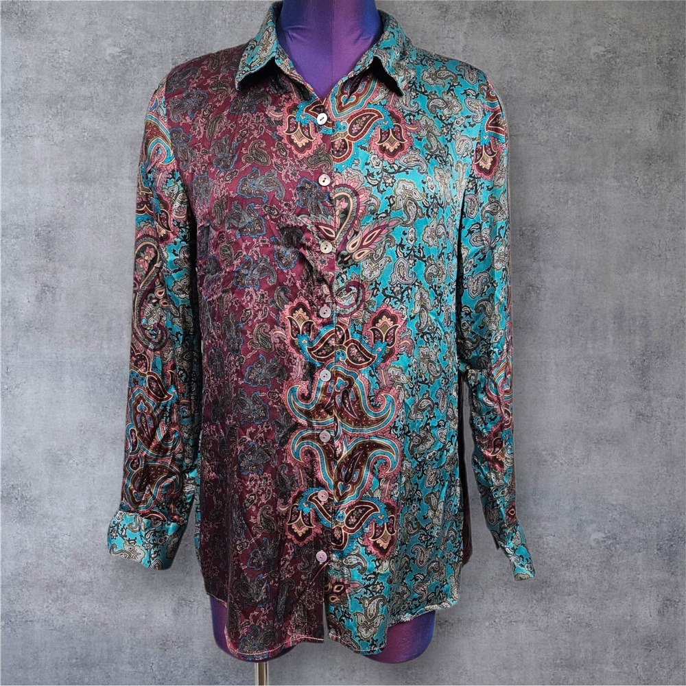 Soft Surroundings 100% Silk‎ Paisley Button Up Shirt Women's Medium L24